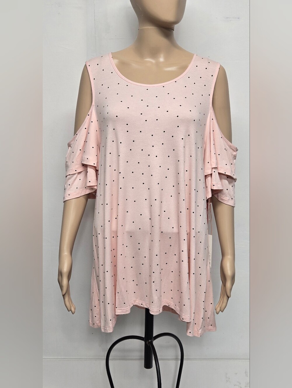 Elle XL Cold Shoulder Tunic Top Pink Polka Dot Slinky Stretch Knit